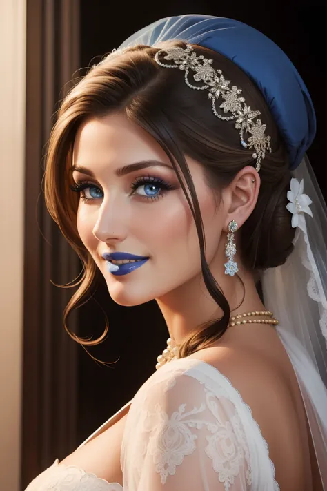 lucy pinder, face portrait, smiling, bride, blue lipstick, chignon