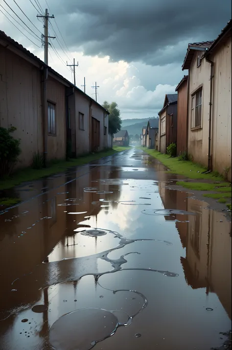 Concept art, no humans, water puddles, country side, rain, cloudy,