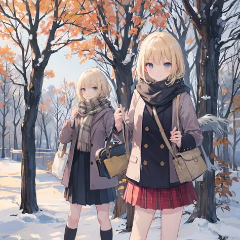 1 girl, smiling, european, winter coat, scarf, skirt, (small) chillerism, short blonde hair, autumn trees