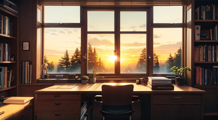 lofi, interior, home office, bedroom, office desk, office table, large window, book shelves, forest, cozy, ikigai, nordic, muji, sunset