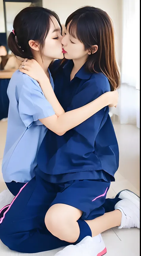 master-piece, bestquality, ultra realistic, hyper-detail, 8k resolution, RAW photo, crisp focus, (2 girls kissing each other in a café), ((Navy blue shirt:1.1)), short sleeves, Long Path, Perfect body, 2 mature women, 18yo, cinematic light, Realistic kissi...