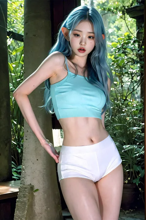 body view, elf girl, sexy elf, petite girl, 1girl, forest background, petite girl, small breast, petite figure, long light blue hair, face front, tight crop top, tight crop-top, tight short shorts, breasts exposed, emotional face, make up, masterpiece, bes...