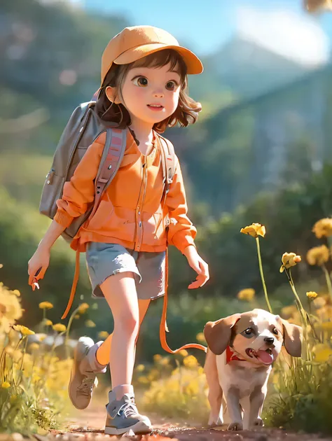 Tips：A very charming little girl with a backpack and her cute little dog，cute  face，Enjoy a lovely spring outing surrounded by beautiful yellow flowers and nature。The illustration is a high-definition illustration in 4K resolution，With very detailed facial...