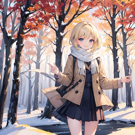 Masterpiece, 1 girl, smiling, european, winter coat, scarf, skirt, (small) chillerism, short blonde hair, autumn trees