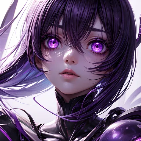 alien girl, human body, purple skin, purple eyes, black hair, close-up view, high detail, ultra fine