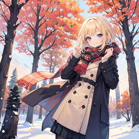 Masterpiece, 1 girl, smiling, european, winter coat, scarf, skirt, (small) chillerism, short blonde hair, autumn trees