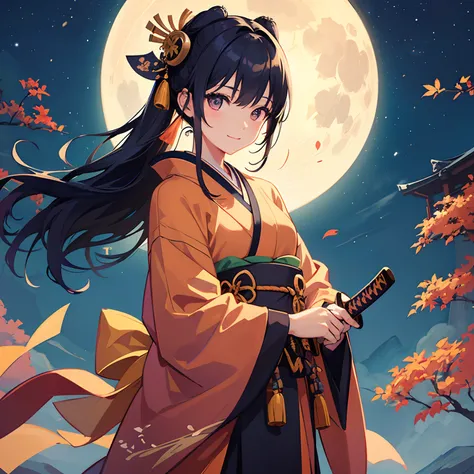 Beautiful illustration、top-quality、girl with、Tied hair、Japanese Katana Sword、samurais、Kimono、A slight smil、(((Delicat eyes)))、autumnal、Colored leaves、natta、fullmoon