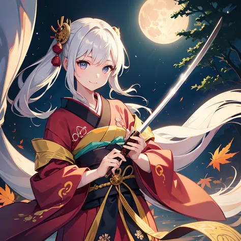 Beautiful illustration、top-quality、girl with、Tied hair、Japanese Katana Sword、samurais、Kimono、A slight smil、(((Delicat eyes)))、autumnal、Colored leaves、natta、fullmoon