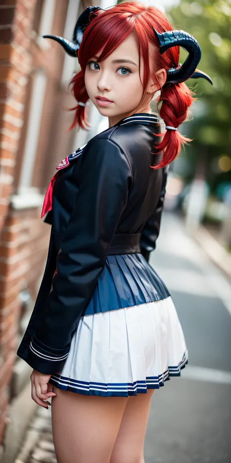 ((Red hair, blue eyes, twin tails, Sailor suit, black coat, dragon horns, very short pleated skirt, 1 woman only, 18yr old)), Cute, bow, image taken with canon eos professional camera 50mm lens