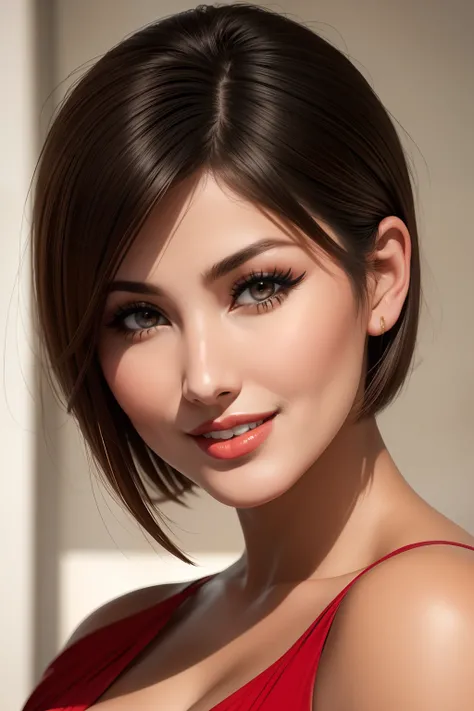 lucy pinder, face portrait, short hair, thailand woman, smiling, red lipstick