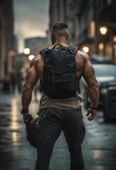 Strong muscular man, street rage, backpack, epic realism, photo, faded, complex stuff around, complex background, wet, neutral colors, ((((hdr)))), (((( muted colors)))), complex scene, artstation, intricate details, vignette