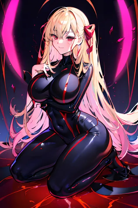 Carefully draw the face　High-quality faces in anime style　a blond　Black full body suit　Red lines all over the body　huge tit　Big ass　Whip thighs　seductiv　a smile　succubus　sprawl