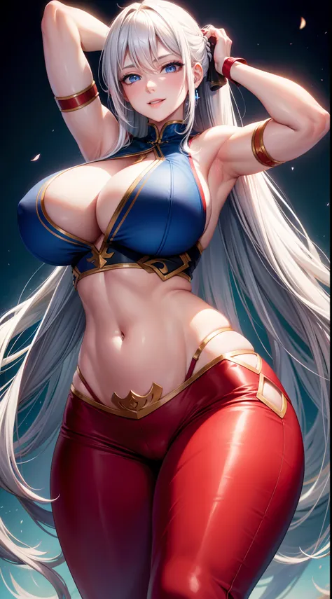 Adult woman, long white hair, blue eyes, smile, red tight top, huge breasts, open belly, battle pants, hands behind head, hiquality, 4k, HD, Good detail