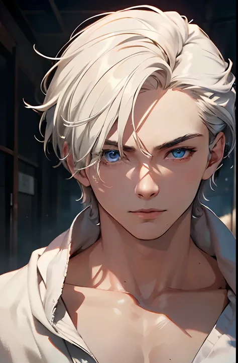 (absurderes, A high resolution, Ultra detailed, hdr), Masterpiece, Best quality, A boy, 10 me, Solo, Handsome, Short hair,pointy hair, White hair, eBlue eyes, finely eye and detailed face, Real Shadow, Topless, A white towel is wrapped around the waist