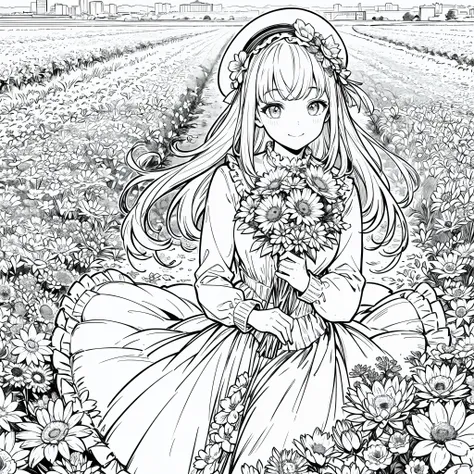 masterpiece, best quality, 1girl, solo, long_hair, looking_at_viewer, smile, bangs, skirt, shirt, long_sleeves, hat, dress, bow, holding, closed_mouth, flower, frills, hair_flower, petals, bouquet, holding_flower, center_frills, bonnet, holding_bouquet, fl...