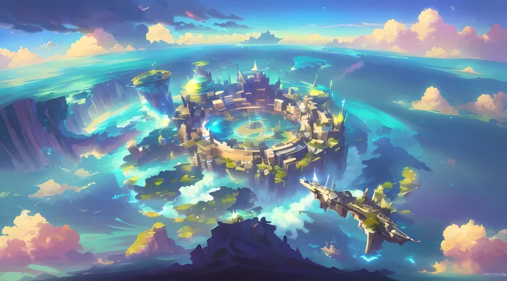 (anime style, concept world art, final fantasy vii world concept, scenic background), island with a city in the middle, vibrant colors, detailed buildings and landscapes, towering skyscrapers, bustling city life, unique architectural designs, futuristic tr...