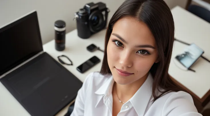 (selfie, top view: 1.4), (straight mid-body shot: 4.4), raw uhd portrait photo of a 27-year-old brunette (woman with brown eyes)...