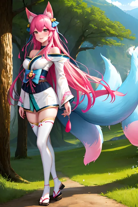 masterpiece, best quality, highres, ah4, pink hair, facial mark, multiple tails, fox tail, japanese clothes, bare shoulders, white thighhighs, hair ribbon, large breasts, forest, standing, cowboy shot,