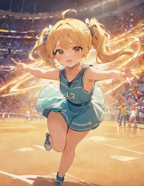 Midsummer Ballpark、Sunnyday、Pitcher Girl、Underthrow pitcher、Blonde with brown hair、twin tails tied lower than the ears、Wearing a blue baseball uniform、Throwing baseball、Stand on the mound in baseball、Anime style、Simple painting style、Vibrant colors