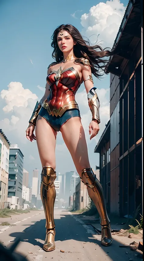 RAW, Masterpiece, Ultra Fine Photo,, Best Quality, Ultra High Resolution, Photorealistic, Sunlight, Full Body Portrait, Stunningly Beautiful,, Dynamic Poses, Delicate Face, Vibrant Eyes, (Side View) , she is wearing a futuristic wonder women mech, nuand go...