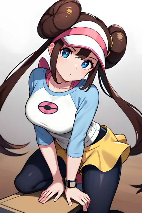 masterpiece, top quality, high definition, ro1, hair bun, blue eyes, twin tails, visor cap, pantyhose, raglan sleeves, yellow sh...