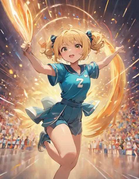 Midsummer Ballpark、Sunnyday、Fearless pitcher、Underthrow pitcher、Brown-haired blonde、Twin tails are tied lower than the ears、Wearing a blue baseball uniform、Throwing baseball、Stand on the mound in baseball、Anime style、Simple painting style、Vibrant colors