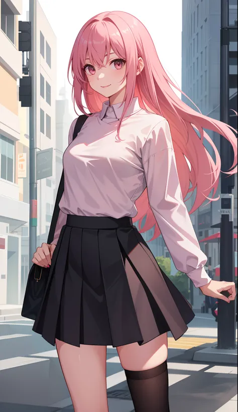 1girl in、AS-Adult、A smile、The shirt、skirt by the、（small tits）、Walking with a thigh、Upper body portrait、A pink-haired