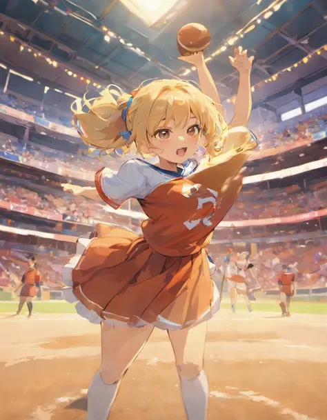 Midsummer Ballpark、Sunnyday、neuter、Fearless pitcher、Underthrow pitcher、Brown-haired blonde、Hair tied in country style、Wearing a blue baseball uniform、Throwing baseball、Stand on the mound in baseball、Anime style、Simple painting style、Vibrant colors