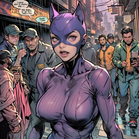 In DC Comics, Catwoman in a purple jumpsuit stands in front of a group of male tramps, huge tit, Buttock augmentation ,Soaked all over, Her expression is tense, She turned her head to the side, The wandering man looked at her intently, The homeless man rea...