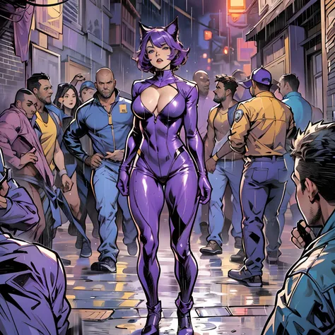 In DC Comics, Catwoman in a purple jumpsuit stands in front of a group of male tramps, huge tit, Buttock augmentation ,Soaked all over, Her expression is tense, She turned her head to the side, The wandering man looked at her intently, The homeless man rea...