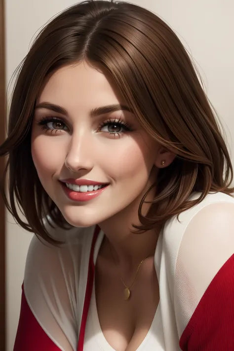 lucy pinder, face portrait, short hair, brown hair, white blouse, smiling, red lipstick