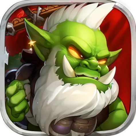 A green troll with white beard and red background, epic legends game icon, goblin, Leprechauns and trolls, drak fantasy goblin, gnoll, gaming console, gapmoe grimdark, targ nar, mobile game style, orc warrior, dwarf, Goblin attack, epic battle screen of he...