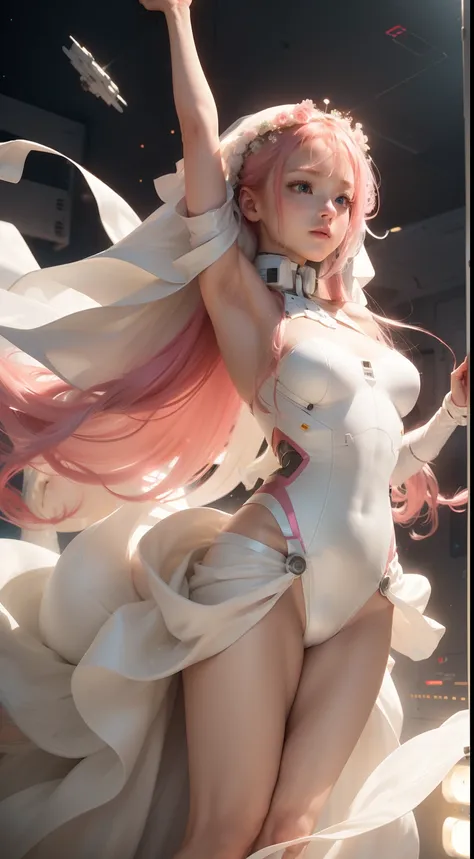 (Best Quality), Masterpiece, 8K, RAW, Cute white Silk Bride Naked，(Photo-realistic), white silk Dress, Pink long Hair, raised Arms, Full-Body Portrait, soft Lighting, Mecha-Implants, (Cybernetics:1.2), Space-station, Particles floating in Air