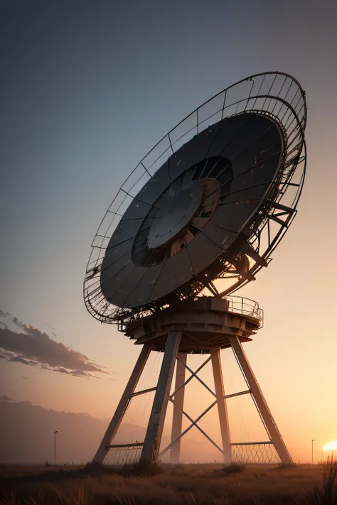 A colossal, ancient, majestic, dilapidated satellite dish, abandoned, evening. Dried grass, in the distance, an abandoned military base, widescreen image, high quality, realistic.