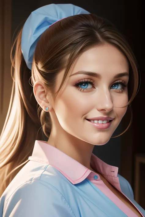 Lucy Pinder, face portrait, smiling, ponytail, light blue blouse, nurse, pink lipstick