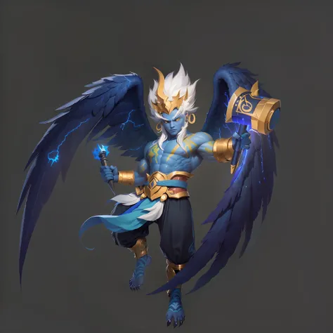 Game CG, Best quality, 8K, Master works, Super fine, (Simple black background) Physical experience points, Black wings, , Magic lightning on wings, Strong muscles, Blue skin, White hair, Pants, clawed paws, arma, Metal hammer, Body runes, right structure,