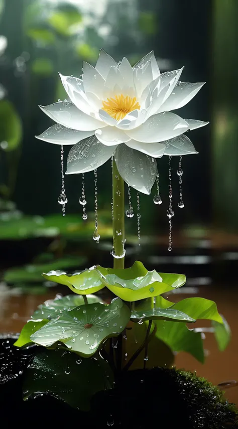 There is a white flower，There are water droplets on it, spirited water plants, lotus flower, lotuses, Beautiful image, standing gracefully upon a lotus, Beautiful wallpaper, after rainny, lotus flowers on the water, beautiful  flowers, After the rain, dewd...