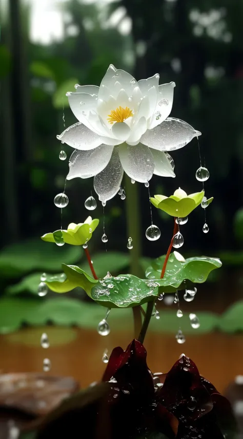 There is a white flower，There are water droplets on it, It just rained, after rainny, After the rain, spirited water plants, flowers rain everywhere, transparent droplets, lotuses, dewdrops, drizzle, lotus flower, very beautiful photograph of, droplets, Wa...