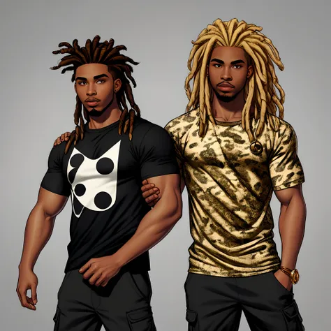 Blonde dreads, nose length. Defined jawline. Dark brown skin Male. Gold septum piercing. Crystal hair accessories attached to his dreads. Eight pack, dark circles under his eyes, black t-shirt with dark black and white camo cargo pants