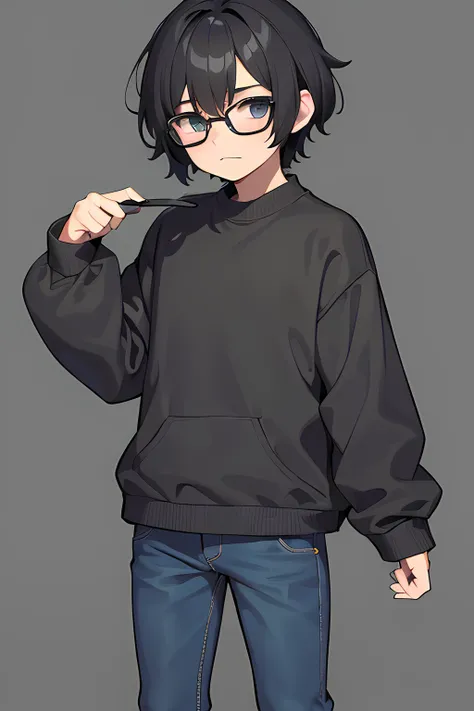 1boy, black hair, brownish eyes, wearing plain grey sweatshirt, plain black glasses, denim pants, light color background, master...