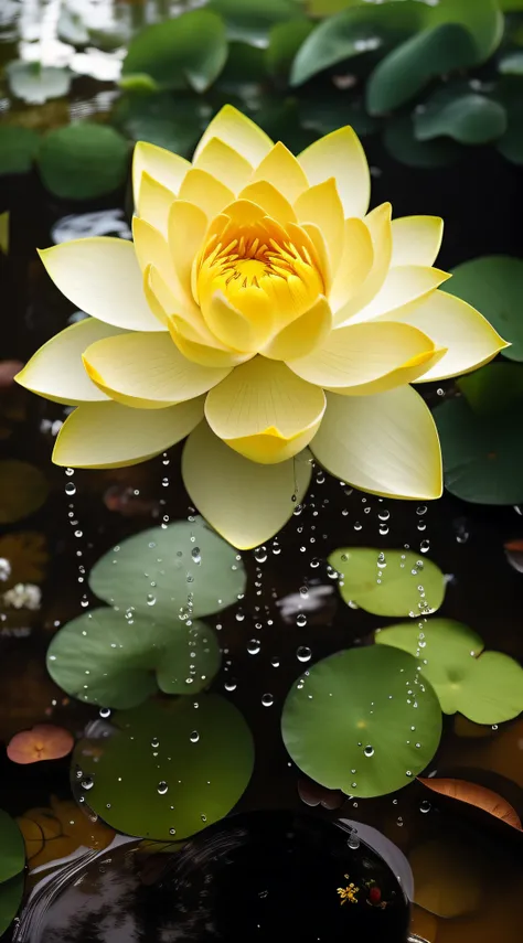 There is a yellow flower in the pot, standing gracefully upon a lotus, lotuses, lotus flower, lotus petals, lotuses, with lotus flowers, It just rained, spirited water plants, Lotus, lotus flowers on the water, sitting on a lotus flower, After the rain, fl...