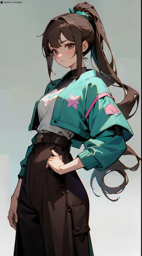 a woman standing next to a chair with her hands on her hips, cropped shirt with jacket, style anime, tied - up shirt, fantasy style clothing, casual clothes, casual clothing style, cute casual streetwear, dressed with long fluent clothes, casual clothing, ...