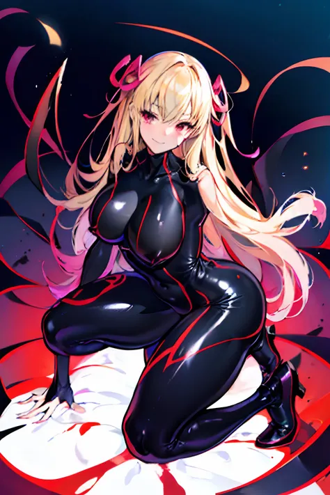 Carefully draw the face　High-quality faces in anime style　a blond　Shiny black full body suit　Red lines all over the body　huge tit　Big ass　Whip thighs　seductiv　a smile　succubus