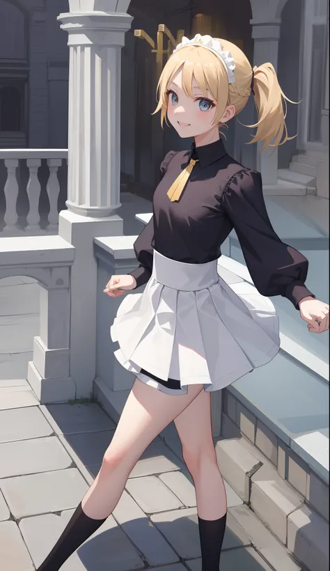 1girl in、AS-Adult、A smile、The shirt、Mini skirt、pantiy、（small tits）、doress、pinafore、Hair decoration、（Maid costume）、Walking with a thigh、Upper body portrait、