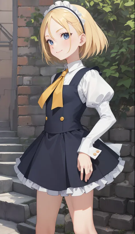 1girl in、AS-Adult、A smile、The shirt、Mini skirt、pantiy、（small tits）、doress、pinafore、Hair decoration、（Maid costume）、Walking with a thigh、Upper body portrait、