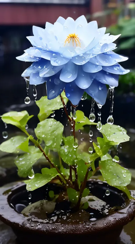 There is a blue flower in the pot，There are water droplets inside, after rainny, It just rained, dripping blue natural iwakura, droplets, spirited water plants, Water droplets, sprinkles of rain, After the rain, drizzle, Rain drops, day after raining, flow...