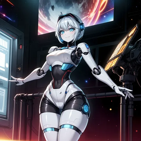 1girl,solo, short hairs,multicolor hairs,light blue eyes, curvy,humanoid robot, joints, robot, robot joints, shiny, shiny skin, thighs, robot, humanoid robot, robot girl,smile, indoor, (window),science fiction,short shorts ,sleeveless jacket ,sci-fi ,facto...