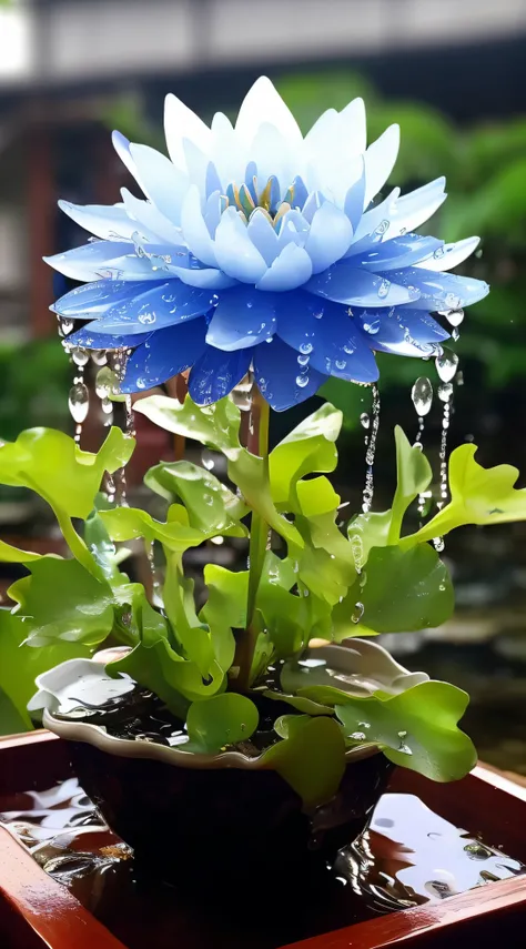 There is a blue flower in the pot on the table, dripping blue natural iwakura, spirited water plants, blue - petals, mind-blowing detail, Beautiful image, flowers rain everywhere, Blue flowers, waterlily mecha nymphaea, after rainny, flowers sea rainning e...