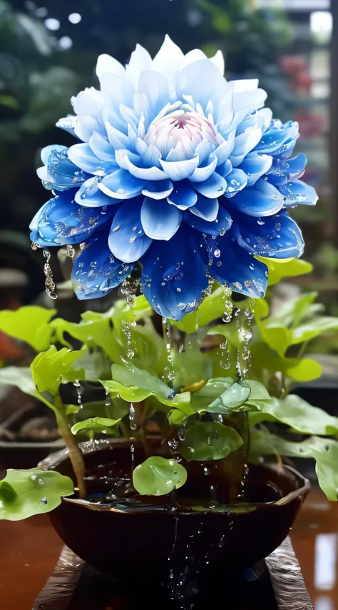 There is a blue flower in the pot on the table, dripping blue natural iwakura, blue - petals, spirited water plants, Blue flowers, blue splashes, beautiful  flowers, mind-blowing detail, giant dahlia flower head, after rainny, vibrant but dreary blue, blue...