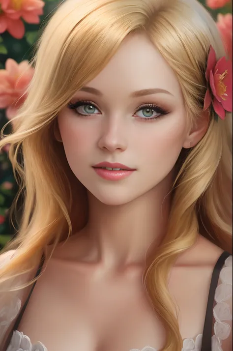 (blond,beautiful detailed female face,gorgeous,detailed blonde hair),(oil painting),(flower garden background),(best quality,highres,photorealistic:1.2),vivid colors,warm color tone,(natural lighting)